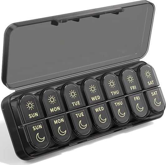 Weekly Pill Organizer 7 Day AM PM - Travel Pill Box 2 Times a Day with One-Hand Easy-Open Lid, 14 Compartments Portable Medicine Case for Daily Vitamins, Fish Oil, Pills and Supplements