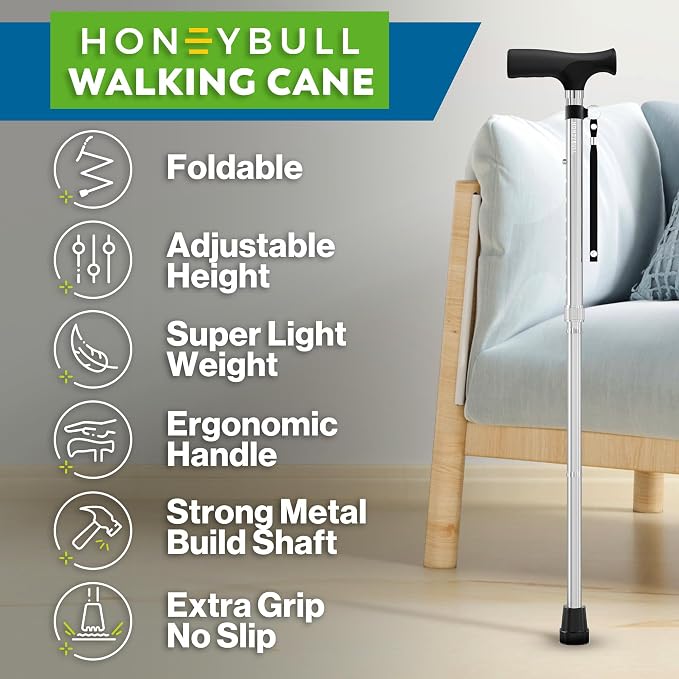 HoneyBull Walking Cane | Single Tip Canes for Men & Women, Foldable, Adjustable, Heavy Duty Up to 250 Pounds, Walking Canes for Seniors