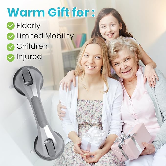 TAILI Shower Grab Bar, 12 Inch Shower Handle for Bathtubs and Elderly, Suction Grab Bars for Seniors Bathroom Safety Handles for Elderly, No Drilling Removable, Silver