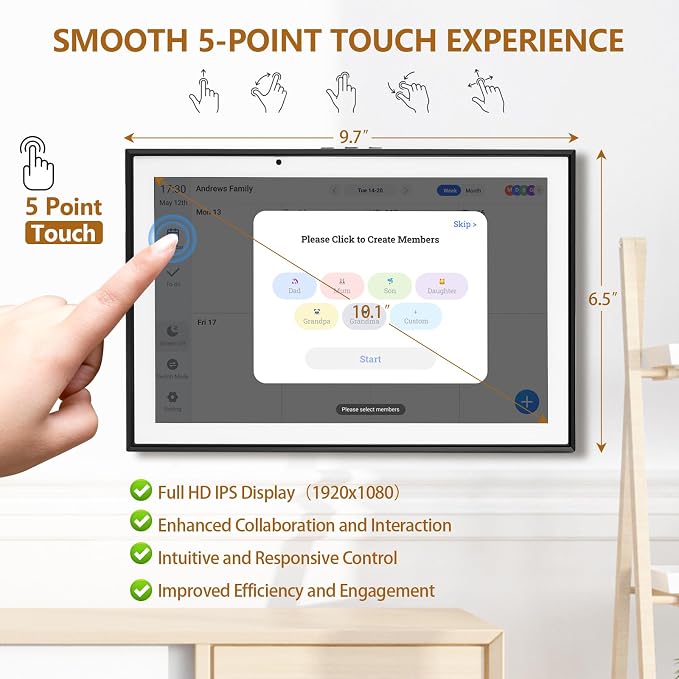 10.1 inch Smart Digital Calendar & Chore Chart, 1920 * 1080P Full HD Touchscreen Interactive Display, Desk Planner with Meal Scheduler, Achievement Rewards for Family Schedules and Cloud Photo