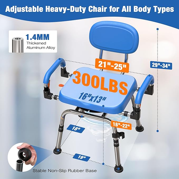 4-in-1 Wide 360° Swivel Shower Chair for Elderly and Disabled, Adjustable Height & Arms Width Padded Shower Chair for Inside Shower & Bathroom Bath Tub, 300lb Capacity Bariatric Shower Seats with Arms