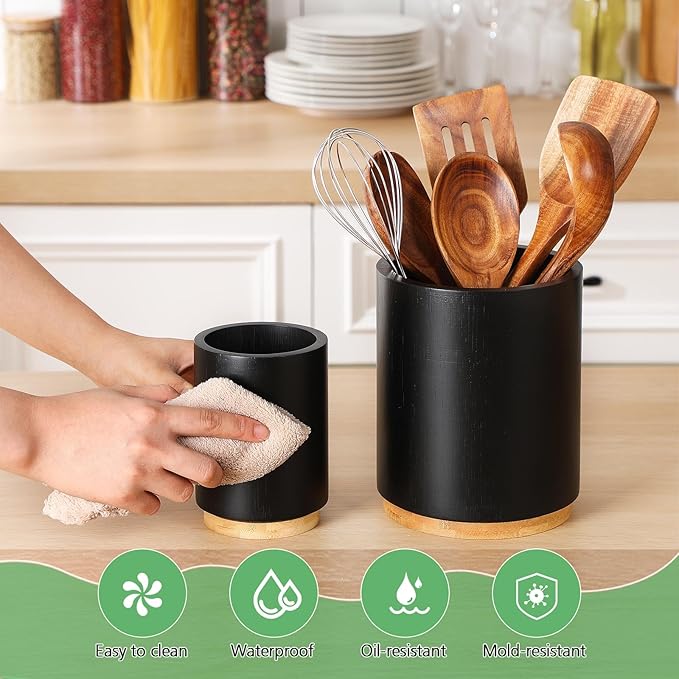 2 Pack Wooden Utensil Holder, 360°Rotating Kitchen Cooking Utensil Crock, Spoon Spatula Holder for Kitchen Counter, Farmhouse Countertop Organizer(Black,Round)