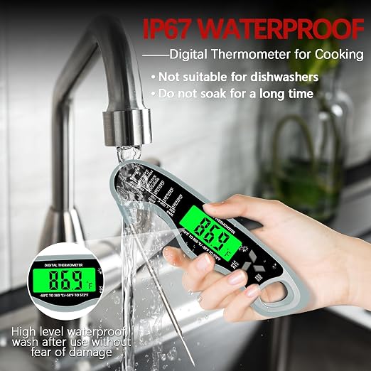 Cooking Thermometer，IP67 Waterproof Meat Thermometer Digital | Backlight，Magnetic attraction，Hold Function，Instant Read，LED screen，for Cooking,Outdoor Grilling