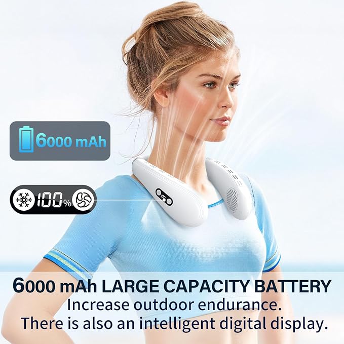 Neck Fan Back-Windy 6000mAh with Cooling Plate Bladeless Portable | Cold Compress Thermo-Electric Cooler Rechargeable Holiday Essentials for Women Men Outdoor Camping Gardening Walking(White)
