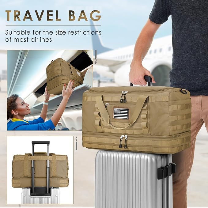 Gym Bag for Men Women, Carry on Luggage 22x14x9 Airline Approved Duffle Bag | Tactical Travel Bags with Toiletry Bag and Shoe Compartment, Weekender Overnight Duffel with Wet Pocket for Workout, Brown