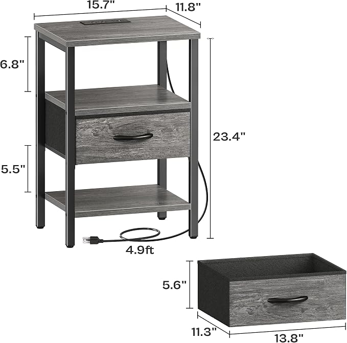 SUPERJARE Nightstand with Charging Station, USB-C Port, Bedside Table | Night Stand for Bedroom, with Adjustable Fabric Drawer, 3-Tier Storage End Table, for Living Room, Grey