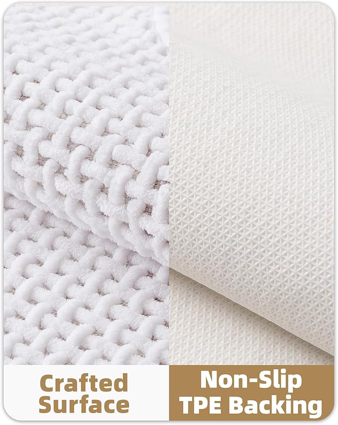 Color&Geometry Chenille Pile Long Bathroom Runner Rugs Upgraded Denser, 24"x47" Non Slip Absorbent White Bath Mats for Bathroom, Washable Shower Mat Outside Shower Quick Dry