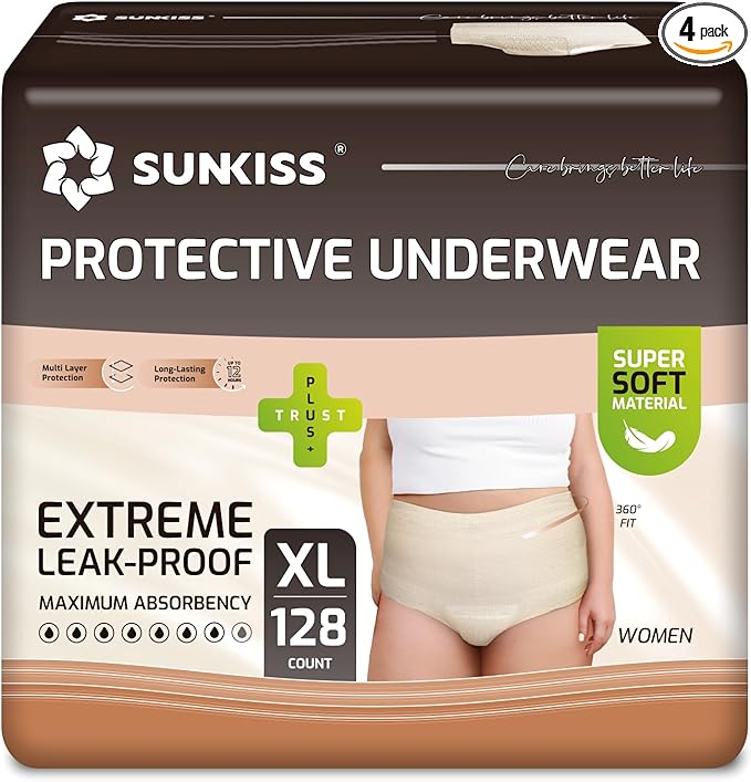 SUNKISS Women Incontinence Underwear, Daytime Disposable Postpartum Adult Panties, Protective Pull Ups with Maximum Absorbency, XLarge, Beige, 128 Count