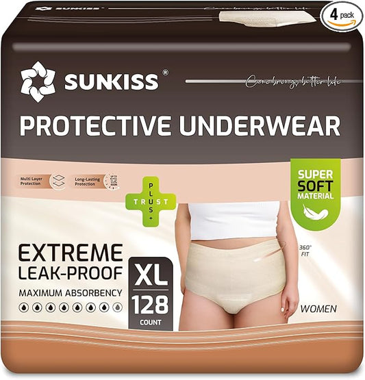 SUNKISS Women Incontinence Underwear, Daytime Disposable Postpartum Adult Panties, Protective Pull Ups with Maximum Absorbency, XLarge, Beige, 128 Count