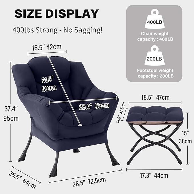 Tiita Lazy Chair with Ottoman, Modern Large Accent Lounge Armchair, Comfy Leisure Sofa Reading Chair with Footrest for Bedroom, Living Room, Dorm Rooms, Garden and Courtyard, Navy