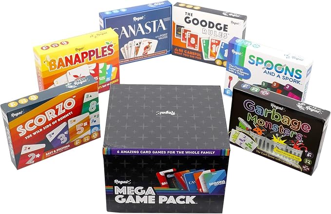 Regal Games Fun Card Games Set for Adults - Canasta, Spoons and a Spork, Garbage Monsters, ScorZo, The Goodge Rules, and Banapples Decks - Fun & Travel Playing Cards for Family Game Night