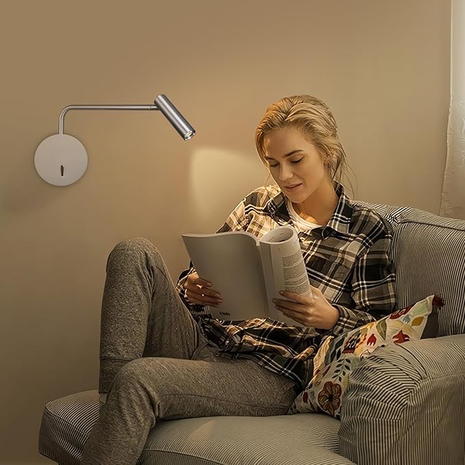 ZEROUNO Wall Mounted Reading Light Swing Arm Bedside Lamps for Bedroom Hardwired Sconces with Switch LED Mounted for Home Decor Wall Lighting Fixtures Indoor (Silver)
