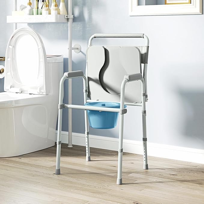 HOMCOM 4 in 1 Bedside Commode Shower Chair Portable Toilet Raised Toilet Seat with Handle for Seniors, Adults, Handicap, Adjustable Height, Gray