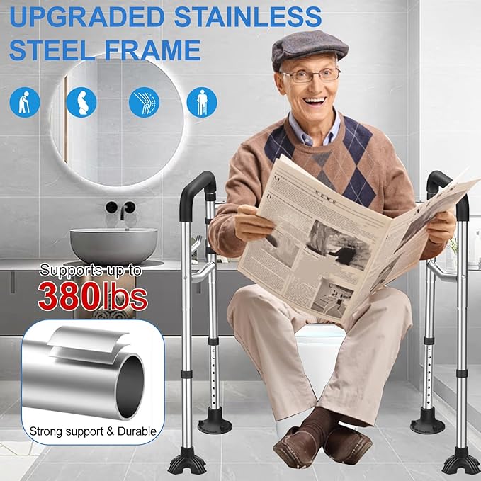 Toilet Safety Rail, 380LB Stainless Steel Toilet Frame with Padded Handles&Paper Holder, Adjustable Detachable Handicap Toilet Rails, Foldable Toilet Support Frame for Elderly
