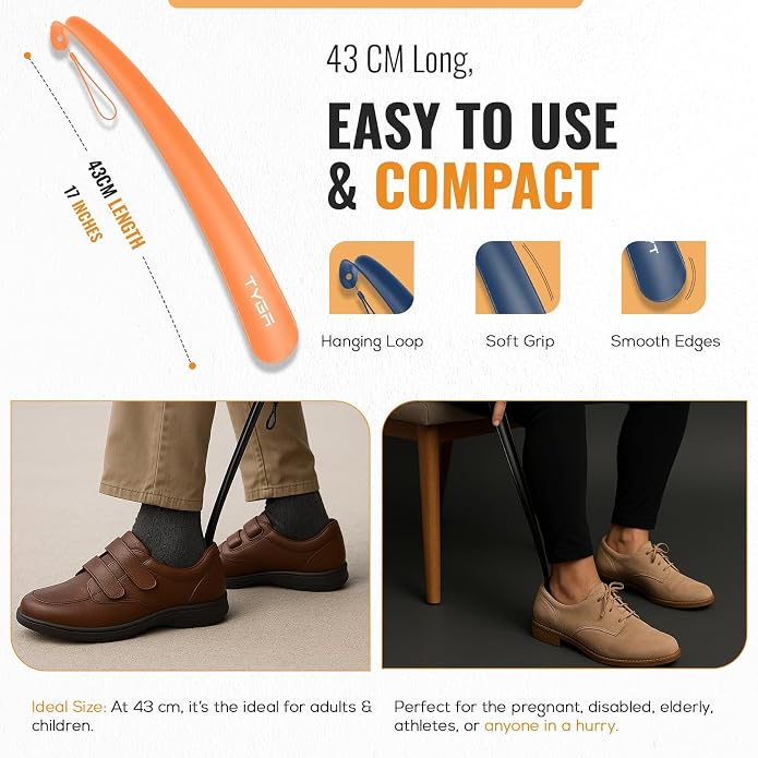 TYGA Shoe Horn Long Handled 17in 43cm Long Plastic Shoehorn for Men, Women, Senior Comfort Grip Shoe Horn Flexible Snap-Proof