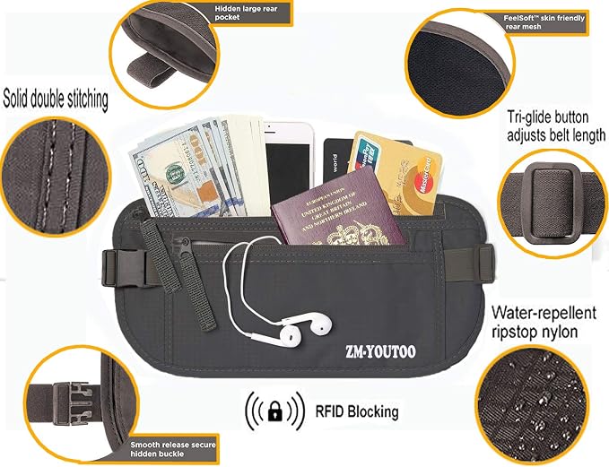 ZM-YOUTOO Money Belt for Travel - Hidden Travel Pouch Protect Your Credit and Money With RFID Blocking Passport Holder Waist Wallet (gray)