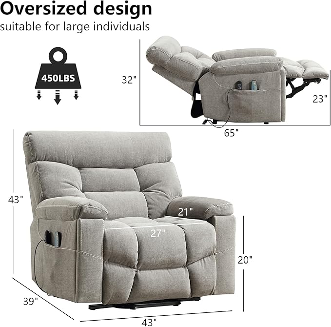 Dual Motor Power Lift Recliner Chair for Elderly, 27" Extra-Wide Seat 450 lbs Weight Capacity Infinite Position Adjustment, with Heated Massage, Cup Holders and USB Port, Grey Fabric