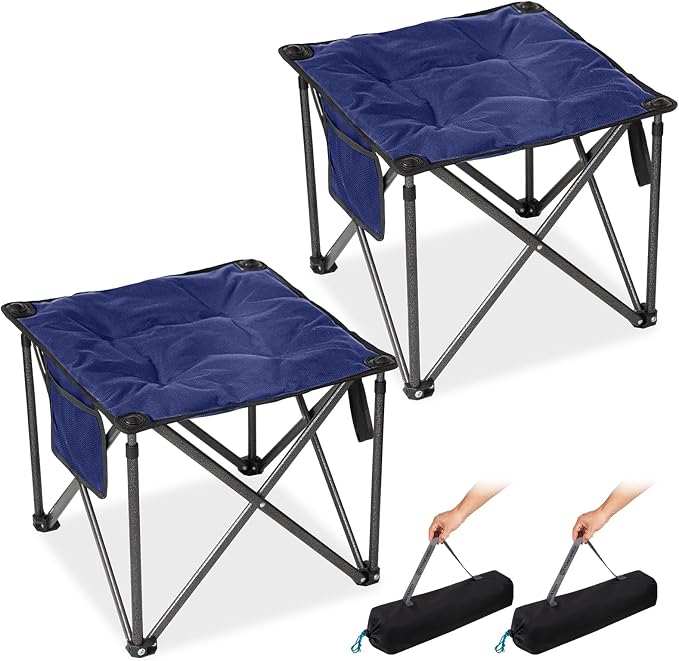 FUNDANGO Oversized Camping Stool for Adults, 2 Pack Thick Padded 18.1 Inch Folding Ottoman Foot Rest, 440 Lbs Heavy Duty Outdoor Camp Chairs with Anti-Slip Foots & Carry Bag for Fishing Travel (Blue)