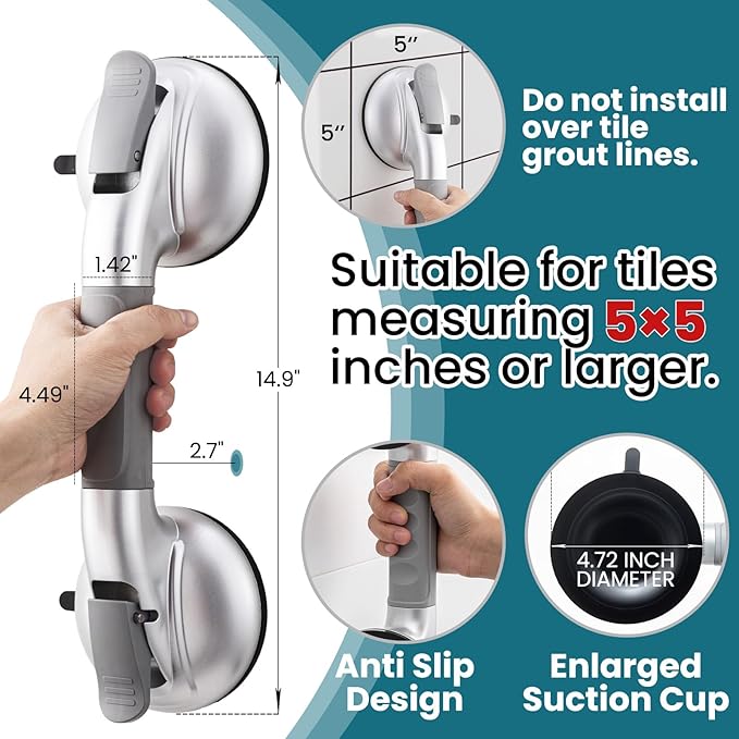 TAILI Grab Bars for Bathtubs and Showers,2 Pack Shower Handles for Elderly Suction,Maximum 330lbs,Shower Bar with Upgraded Rubber Suction Cups,Safety Grip for Senior, No Drilling Removable,Silver