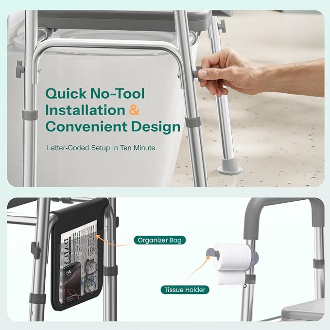 HOMEAL Raised Toilet Seat with Handles, Heavy-Duty 3in1 Bedside Commode Chair with Bucket for Seniors, Supports 450LBS, Adjustable Toilet Seat Riser with Arms for Bathroom Assistance