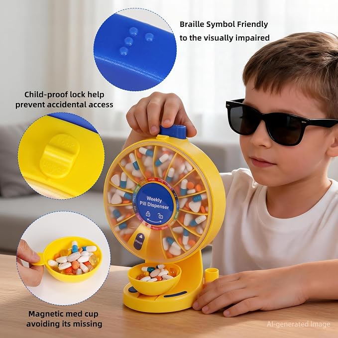 EziMedPil Pill Organizer for Children’s Vitamins with No-Flip & Child Proof | One-Press Button Wall-Mounted or Free-Standing Container as Gift for Kid’s Candy, Repeatedly Pressing as a Stress-Relief Toy