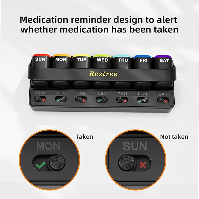 Restree Weekly Pill Organizer 7 Day, Large Capacity Pill Box with Reminder Indicator, Easy Slide Open Detachable Travel Pill Case for Vitamins Supplements & Daily Medications (Black)