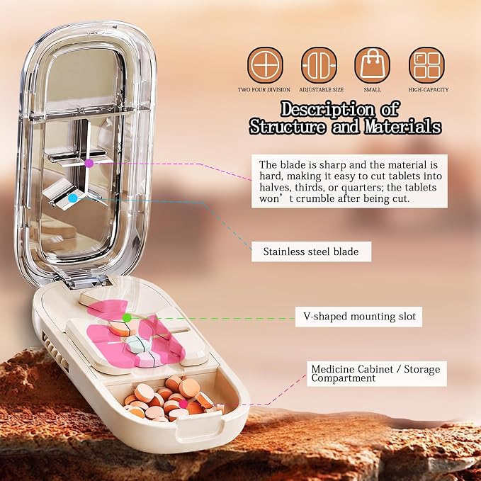 Pill Cutter Splitter for Small or Tiny and Large Pills, Precise Split 1/2, 1/3, 1/4, Pill Divider for Seniors, Adults, Kids and Pets, with Portable Pill Dispenser & Storage Bag and Tweezers