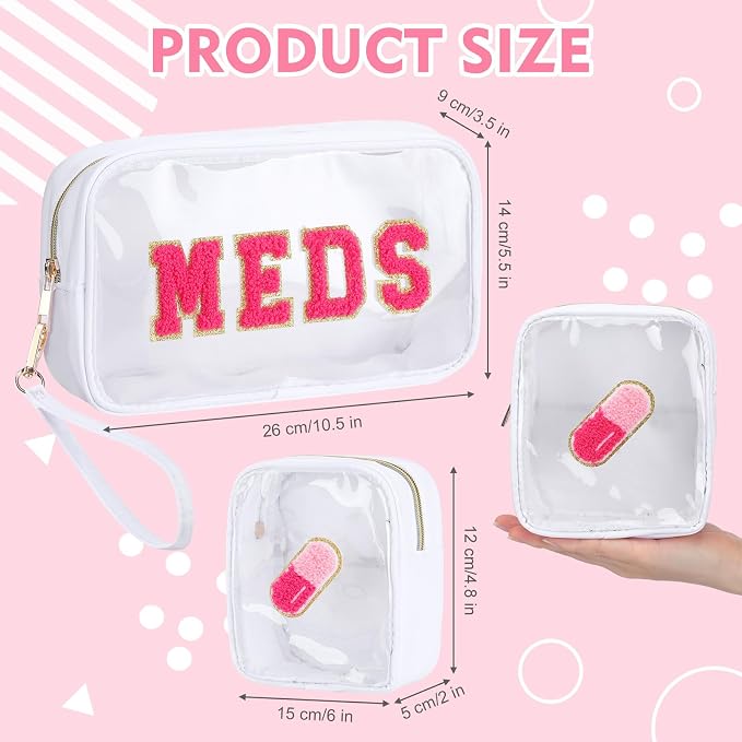 Hillban 2 Pcs Medicine Bag Chenille Letter Patch Meds Bags Travel Cases Preppy Clear Nylon Portable Makeup Bags Zipper Cosmetic Toiletry Storage for Women PVC Transparent Mini First Aid Bag(Adorable)