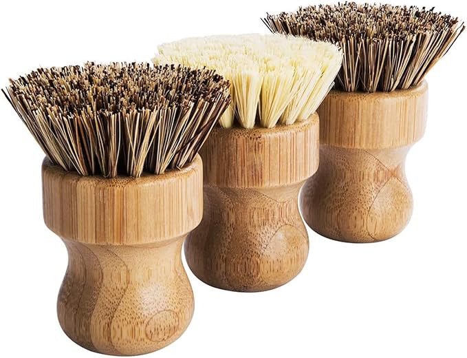 Palm Pot Brush- Bamboo Round 3 Packs Mini Dish Brush Natural Scrub Brush Durable Scrubber Cleaning Kit with Union Fiber and Tampico Fiber for Cleaning Pots, Pans and Vegetables