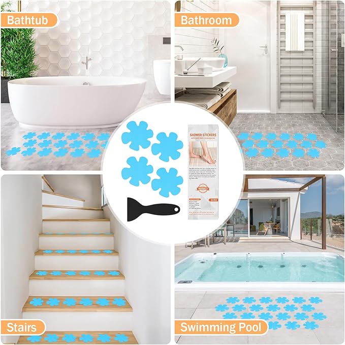 24 PCS Non Slip Bathtub and Shower Safety Stickers, Anti-Slip Stickers and Adhesive Decals Scraper for Bath Tib, Shower Floor, Stairs, Ladders - Flower Shape, Blue