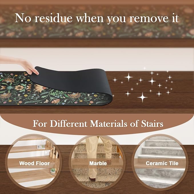 OJIA Floral Stair Treads Non-Slip Stair Runner 15PCS 30"x8" Black | Carpet Stair Treads for Wooden Steps Indoor Stair Mats Staircase Step Treads for Kids, Elders and Dogs, Stair Covers