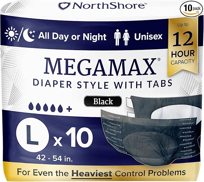 NorthShore MegaMax 12-Hour HBL Adult Diapers for Heavy Bladder Leaks, Large, 10 Count, Black, 42-54 inches, Tab-Style Incontinence Underwear for Men, Women & Teens