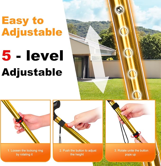 MFE Folding Cane, Portable 5-Level Adjustable Height Walking Stick with Foldable Design, Wrist Strap, and T Handle for Men and Women