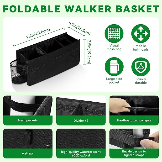 Walker Basket, Foldable Walker Bag with Cup Holder, Large Capacity, Seniors with Limited Mobility to Carry Water Bottles, Books - Black