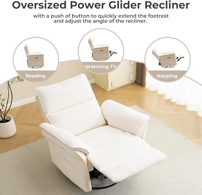 Oversized Power Recliner Chair Swivel Glider with Massage and Heat, Rocker Nursery Recliner for Adults with Adjustable Headrest, 24" Extra Wide Nursery Chair with Overstuffed Armrest,White