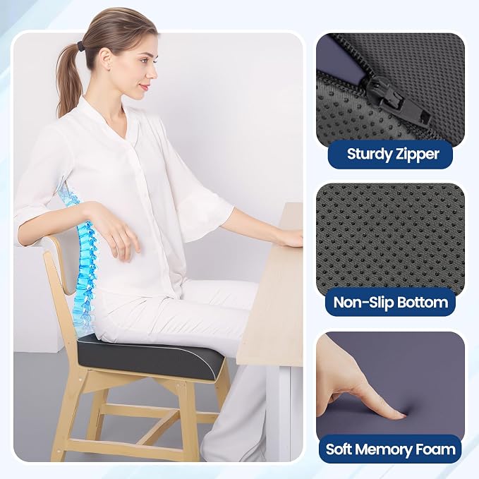 SweetSlubr Seat Cushion for Tailbone Pain Relief, Office Chair Cushion, Memory Foam Large Chair Pad with Non-Slip Cover for Soft Support at Office Chair, Car Seat, Airplane Grey/XLarge