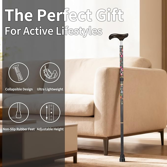 Stylish Foldable Walking Cane - Pattern Printed, Adjustable, for Men and Women Stability and Balance, Light Weight, for 5'~6' Height