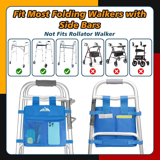 supregear Walker Side Bag, Water Resistant Accessory Basket Pouch for Folding Walkers, Lightweight Hand Free Storage Carrier Tote, Universal Size Seniors Caddy Attachment, Blue