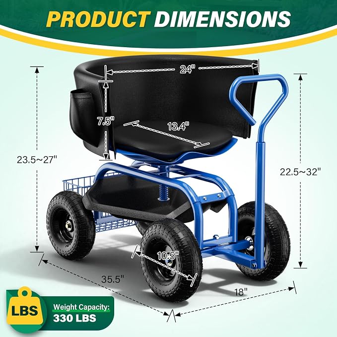 Baotree Garden Seat with Wheels, Rolling Garden Stool with Adjustable 360°Swivel Seat, Storage Basket & Extendable Handle, Outdoor Gardening Scooter, Garden Cart Workseat Stools for Seniors