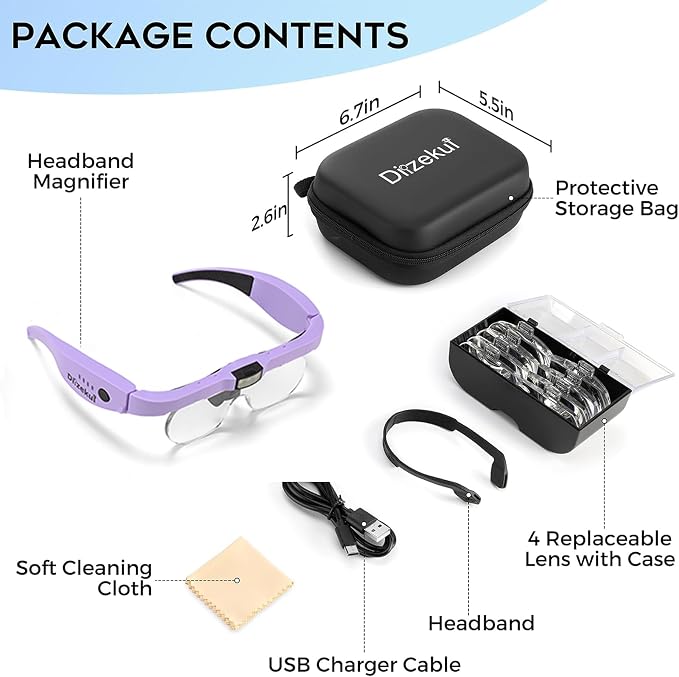 Dilzekui Magnifying Glasses w/Light,1.5X-5X Magnifying Glass Acrylic Lenses | Storage Case, Type-c Charged, Elastic Headband Magnifier, Handsfree Worn with Glasses for Close Work Craft Hobby Cross Stitch
