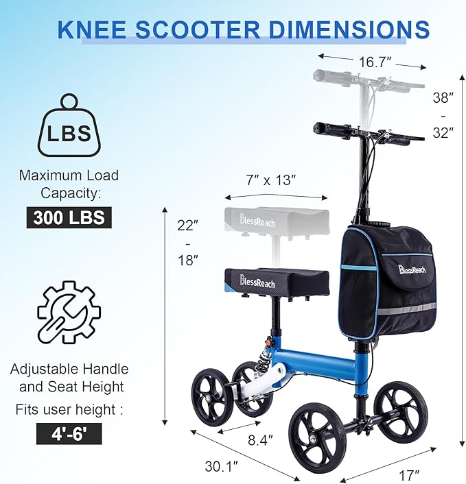 Steerable Knee Walker Deluxe Medical Scooter for Foot Injuries Adult Compact Crutches (WB-2105 Blue)…