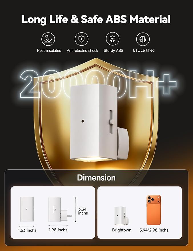 Brightown 2 Pack Black Night Lights with Rotating Plug, Soft White | Modern Night Light with Rotating Plug, Dusk to Dawn Sensor, 0-100LM Stepless Dimming Night Light for Hallway Bedroom Bathroom