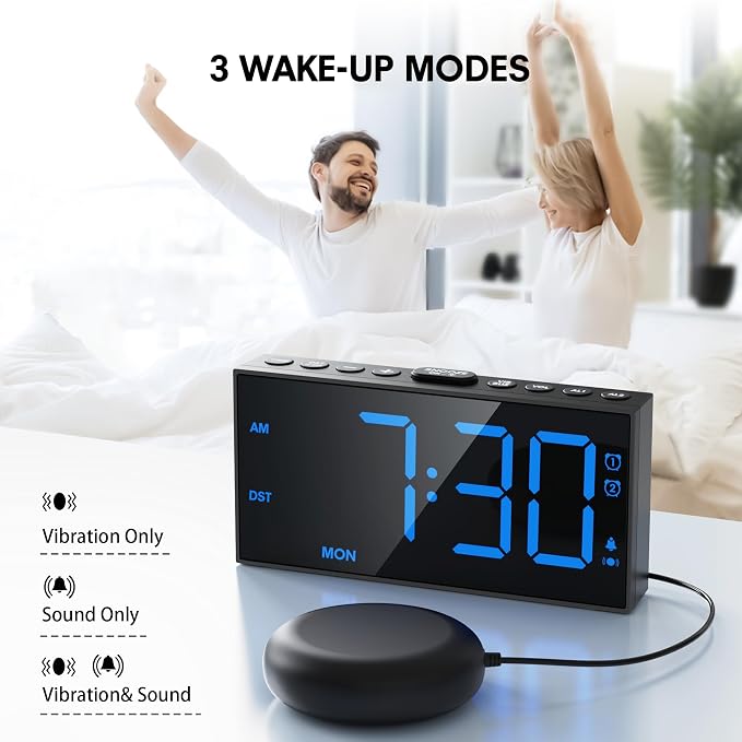 Mesqool Loud Alarm Clock with Bed Shaker & Dual Alarms, USB Port | Extra Loud Vibration Alarm Designed for Heavy Sleepers & Hearing Impaired. 5-level Dimmer, Battery Backup, Snooze & DST.