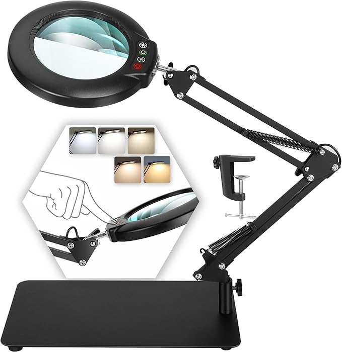 Drdefi 12X Magnifying Glass with Light and Stand, 2-in-1 Magnifying Desk Lamp Rectangular Base & Clamp, 5 Color Modes Stepless Dimmable, LED Lighted Magnifier Hands Free for Painting Sewing Craft