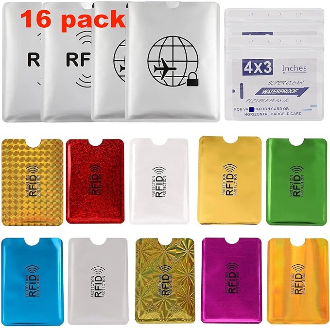 Luumxai 16 RFID Blocking Sleeves Set (10 Credit Card Holders & 4 Passport Protectors) Identity Theft Protection Secure Sleeves Set.Waterproof aluminum foil slim Design easily into your Wallet
