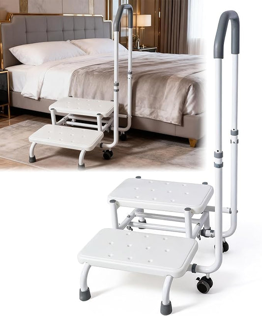 2 Step Stool for Elderly with Adjustable Handrail and Wheels, Heavy Duty Safety Bed Steps for High Beds with Non-Slip Surface, Holds 460lbs for Adults and Seniors
