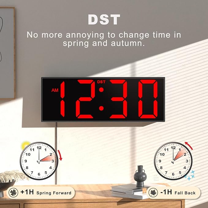 JALL 12" Large Digital Wall Clock, Big LED Number Dispaly, RGB Colors, DST, Night Light for Classroom Living Room Bedroom Mounted Birthday Xmas Gift for Senior, Black Shell, Red Font