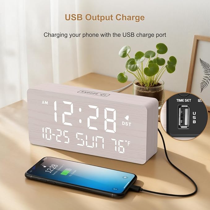 DreamSky Wooden Digital Alarm Clocks for Bedrooms with Date & Day of Week | Living Room Desk Clock, Temperature, USB Port, Dimmer Wheel, Adjustable Volume, Auto DST, Office Wood Decor (Plug-in)