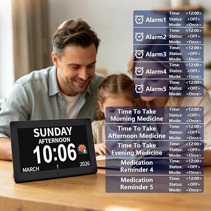 10.1 Inch Black Digital Dementia Clock, Large Display Calendar Clock, 15 Medication Reminders, Auto DST, Auto Brightness Adjustment, Equipped with Remote Control (10.1inch Black, Large)