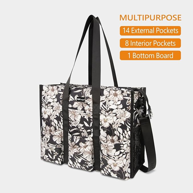 TOPDesign Utility Water Resistant Tote Bag with 22 Pockets, Top Zipper Closure & Thick Bottom Support, for Working Women